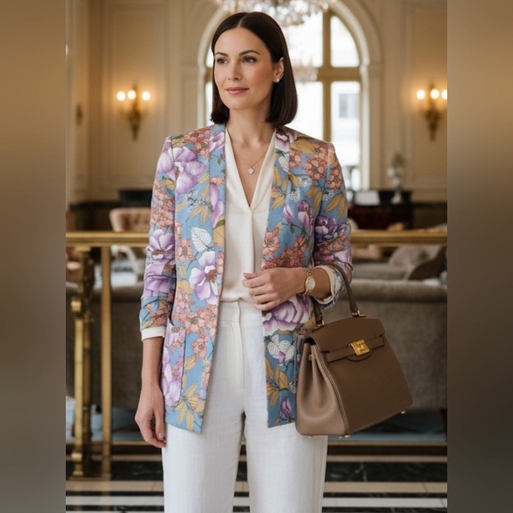 VINTAGE FLORAL PASTEL 2 POCKETS SLIM VEST BLAZER SIZE S..